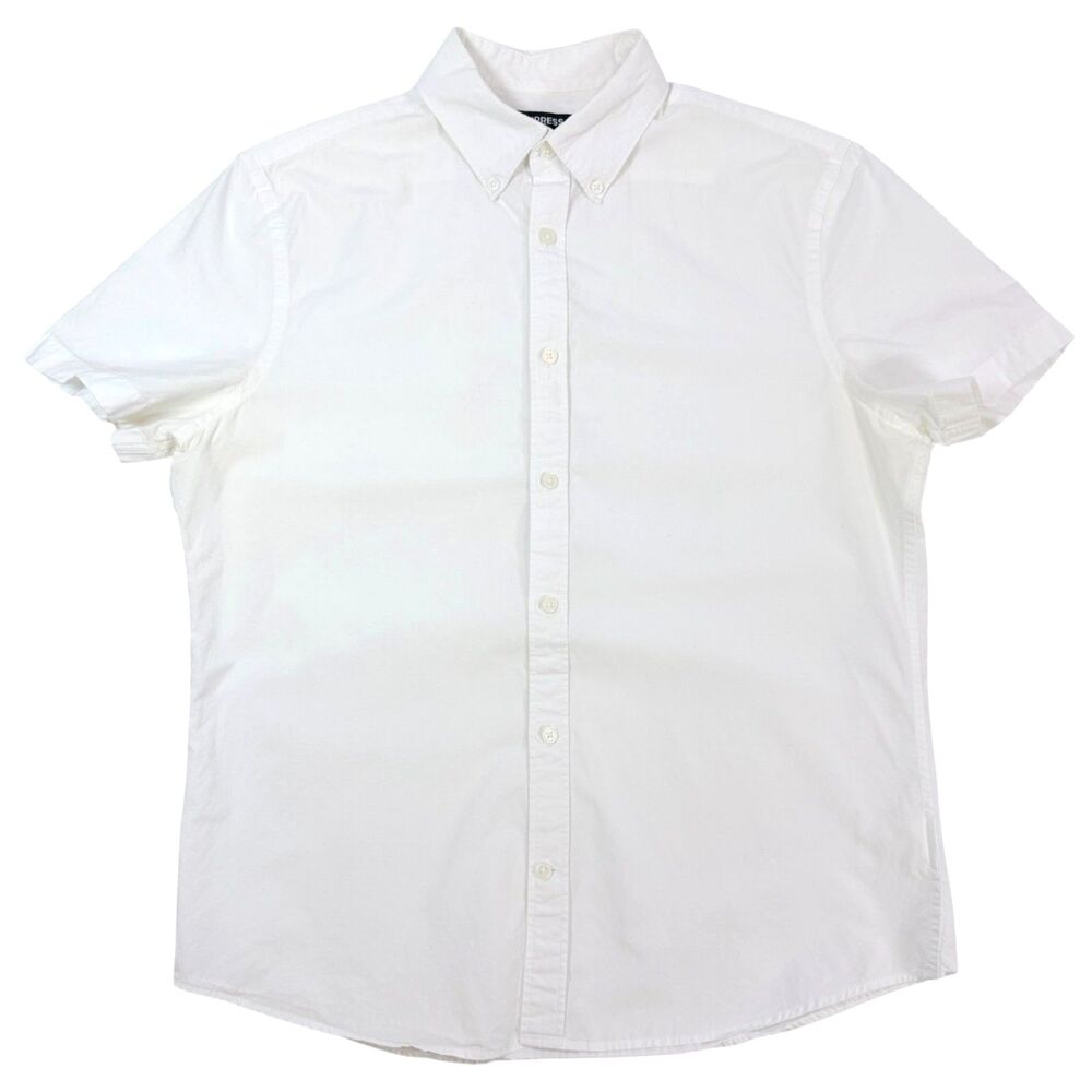 Express‎ Mens Medium Short Sleeve Button Up White Solid Cotton Oxford Casual